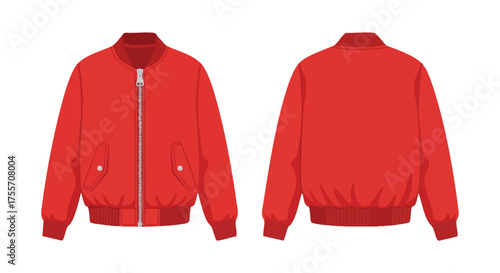 Vibrant red bomber jacket illustration showcasing front and back design on a clean white backdrop, highlighting its sleek and modern apparel features