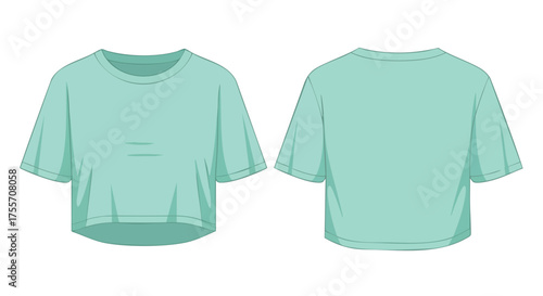 Fashionable light teal crop top, front and back view: A trendy garment for casual everyday style showcasing a simple round neck design