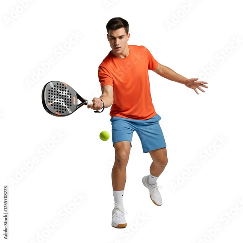 Man playing padel tennis focused on hitting the ball with racket.