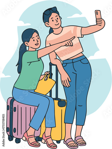 Cartoon Style Smiling Woman Travel with Luggage Vacation Illustration