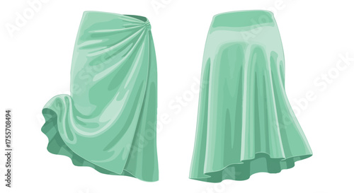 Digital illustration showcasing two elegant flowing seafoam green skirts with intricate drapery and subtle shading techniques displayed in a virtual