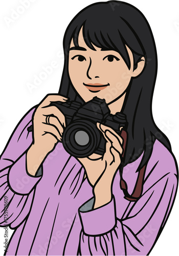 Cartoon Style Asian Woman Holding Digital Camera Illustration in Studio