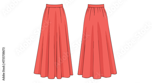 Diagrammatic representation displaying a pair of long, flowing skirts in coral hue, illustrating diverse front and back view design perspectives and