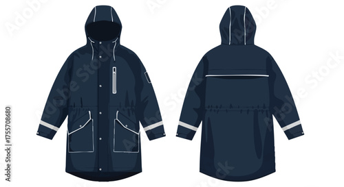 Illustration of a modern navy blue hooded parka coat, viewed from the front and back showcasing reflective accents and detailed design elements