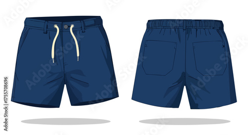 Stylish Blue Shorts Illustration: Front and Back View for Fashion Design and Apparel Mockups