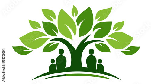 Stylized green tree sheltering family silhouettes on a small hill