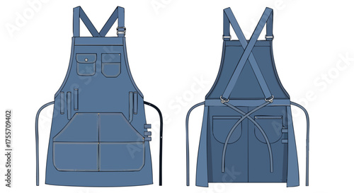 Denim Apron Set: Culinary Uniform Design with Front and Back Views for Professional Cooking Experiences and Attire Illustrations