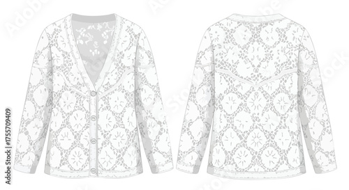 Elegant White Lace Cardigan with V-Neck Design, showcasing Front and Back Views on a White Background, Isolated