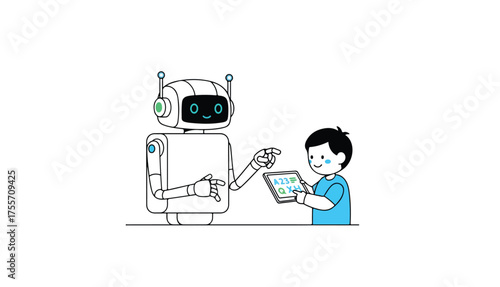 A robot points to a tablet held by a young boy, displaying letters and numbers, in a simple, clean illustration.