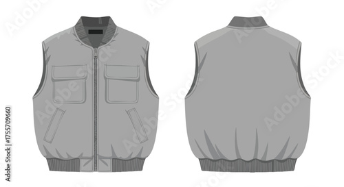 Sleeveless gray puffy vest with front and back view, showcasing casual outdoor wear and garment details for lifestyle visuals