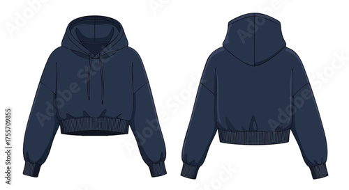 Isolated navy cropped hoodie front and back views, showcasing modern casual wear design, technical apparel flat sketch and stylish fashion garment
