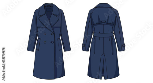 Sophisticated navy trench coat illustration, showcasing front and back views on a clean white background, ideal for fashion design and retail mockups