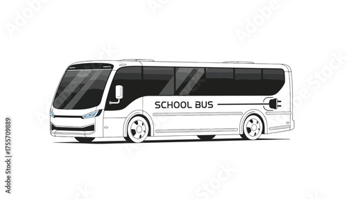 A white electric school bus is depicted in a side view, featuring a charging plug symbol, against a plain white background.