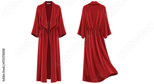 Elegant flowing garnet robe front and back view against a white backdrop for design, product visualization or clothing illustration