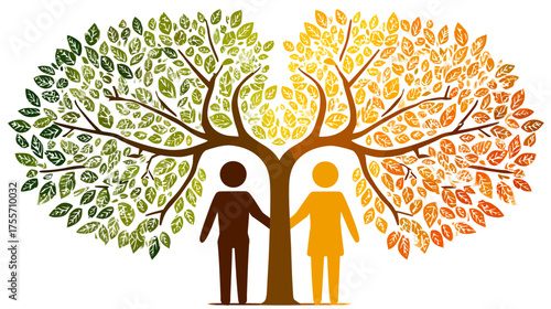 Diverse figures stand united beneath a tree with leaves of contrasting seasons