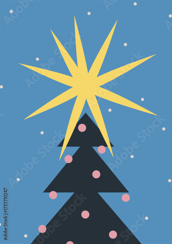 Christmas, winter holiday poster design. Festive Xmas tree with star, seasona...
