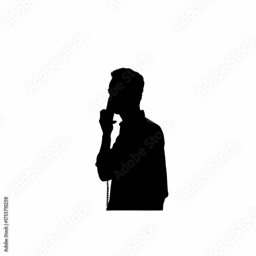 Silhouette of a worker on phone hotline service isolated on white background