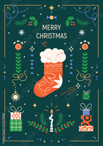 Christmas card design, festive poster. Winter holiday pattern with stocking, ...