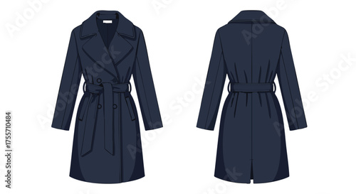 Elegant navy trench coat illustration showcasing front and back views on a clean backdrop offering versatility and style inspiration