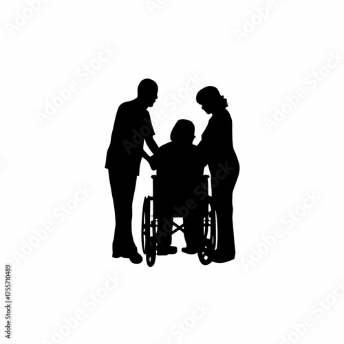 Silhouette of rehab workers assisting patient from wheelchair isolated on white background