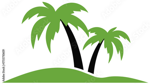 Two stylized palm trees on a grassy hill