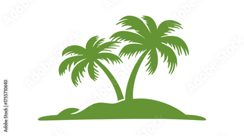 Green silhouette of two palm trees on a small island, white background