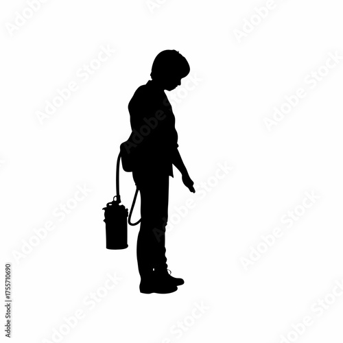 Silhouette of a worker sanitizing rehab equipment isolated on white background