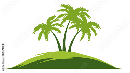 Green palm trees on a small hill, against white background