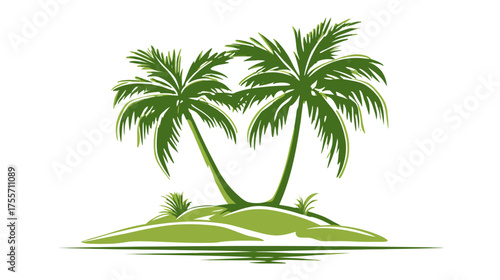 Two green palm trees on a small green island with implied water