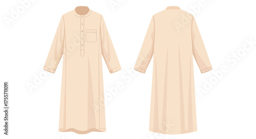 Beige Thobe Illustration Showcasing Front and Back Views on a Clean White Background with Simple Detailing and Elegant Drape Design