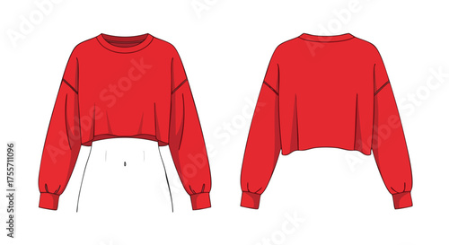 Illustration showcasing a bright red, long-sleeved crop top design, viewed from both the front and back perspectives against a white backdrop