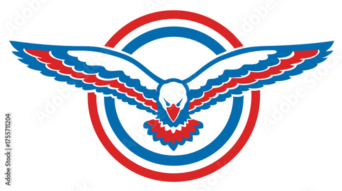 Fierce eagle with outstretched wings, set against concentric red, white, and blue circles
