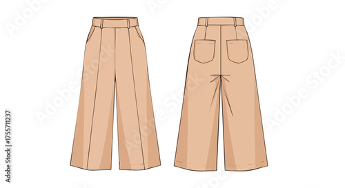 Technical sketch illustration showcasing the front and back views of wide-legged trousers featuring a high waist and functional pockets