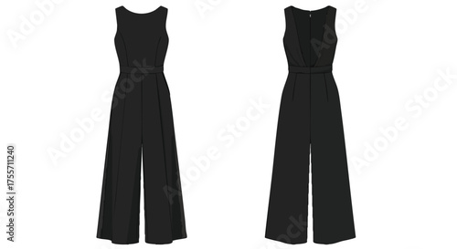 Elegant black sleeveless jumpsuit design showcases both front and back perspectives for detailed view and fashion insight
