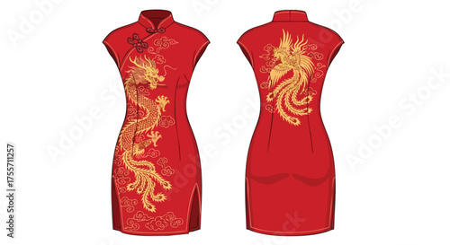 Elegant red cheongsam illustration with golden dragon and phoenix patterns, cultural fashion presentation
