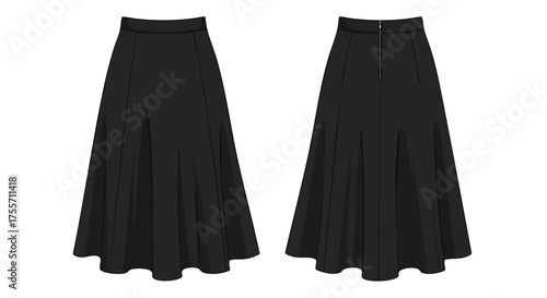Elegant black midi skirt showcased in front and back views for fashion design references and presentations