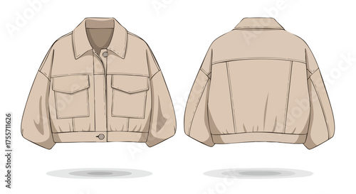Illustration showcasing a beige cropped jacket design with front and back views for fashion design and style inspiration