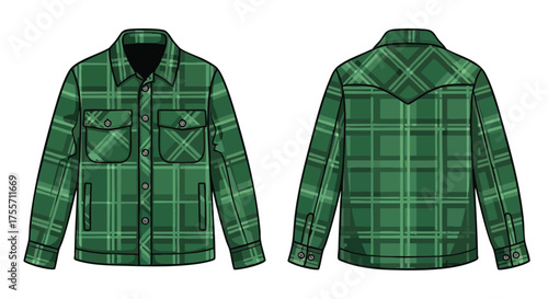 Green Plaid Patterned Jacket Illustration with Front and Back Views on a White Background