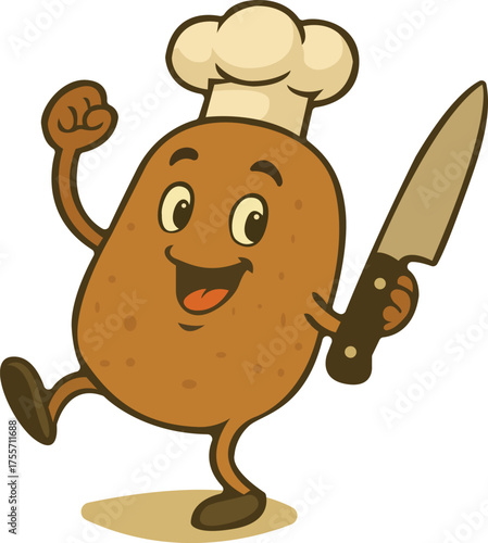 Funny cartoon potato chefs with kitchen tools in a cheerful farm-style vector illustration. Perfect for T-shirts, stickers, and print-on-demand.