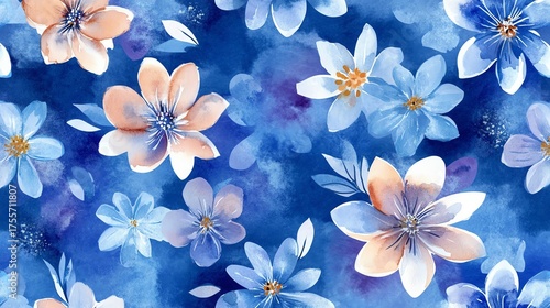 Blue seamless pattern with watercolor abstract flowers