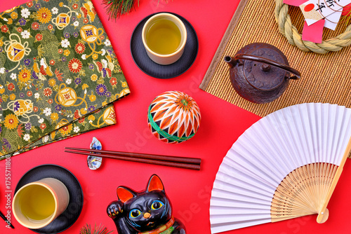 Japanese Traditional Items on Red Background