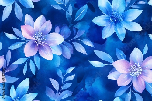 Blue seamless pattern with watercolor abstract flowers