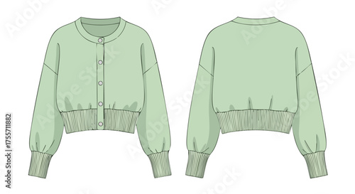 Mint Green Cropped Cardigan Technical Fashion Drawing: Front and Back Views of a Modern Apparel Design with Detailed Features like Buttons and