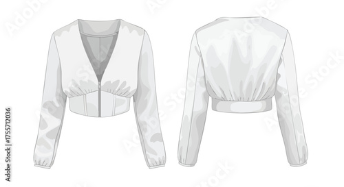 Fashionable cropped white jacket with long sleeves design template in front and back view for garment industry showcase