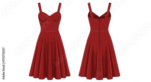 Scarlet sundress illustration showcasing a vintage style summer dress with pleated skirt and bodice detailing on a white background