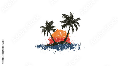 Grunge palm trees silhouette with sunset and ocean graphic on white