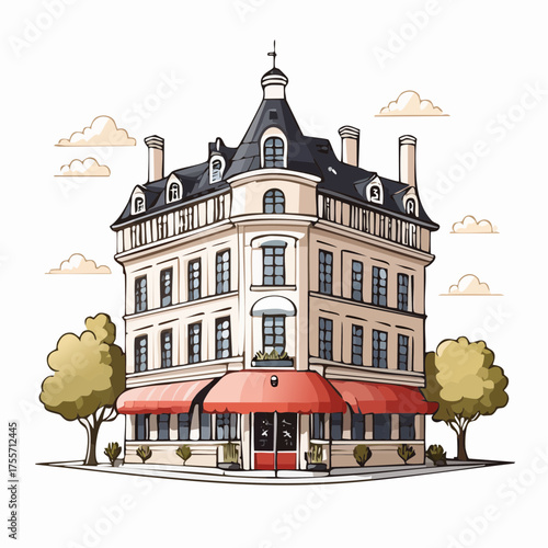 Illustration of a classic building with awnings and trees isolated