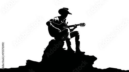 Cowboy silhouette playing guitar on rock