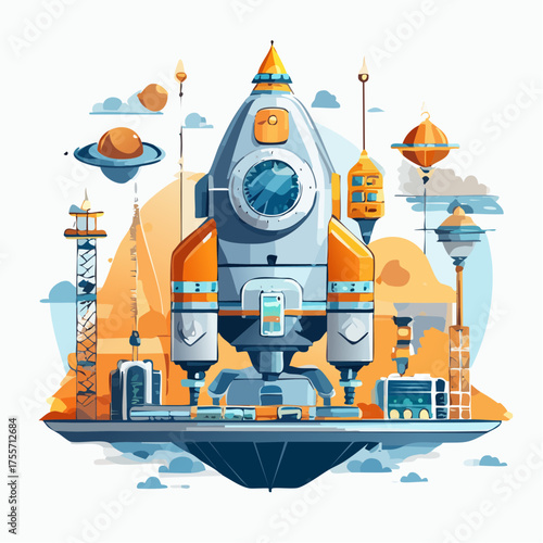 Illustration of a colorful rocket ship in outer space with planets