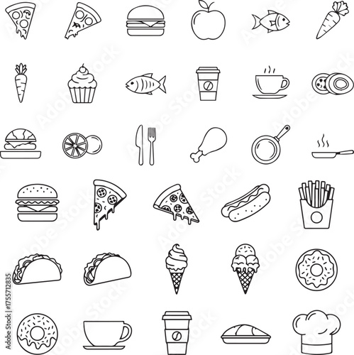 Minimalist Food Icon Set – Line Art Collection of Fast Food, Drinks, and Kitchen Items